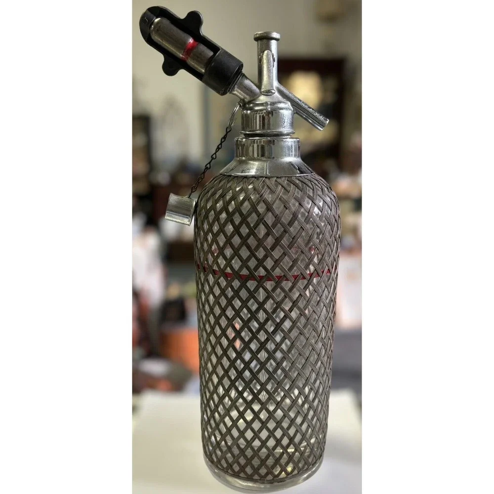 Vintage Art Deco Metal Wire Mesh Czech Glass Seltzer Bottle Sparklets USA NY